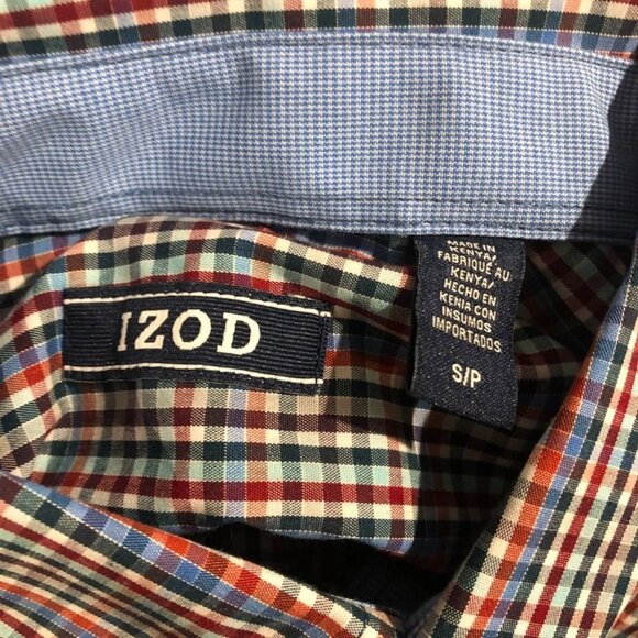 Izod Gingham Plaid Button Down Dress Shirt Red White Blue Small Collared Cotton - Picture 3 of 4